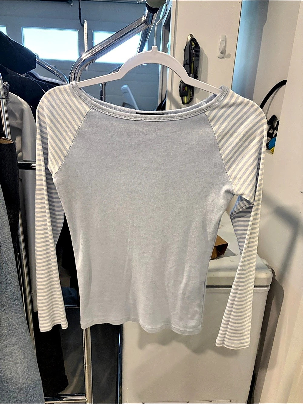 Brandy Melville White + Blue Striped-Sleeve Long Sleeve Top